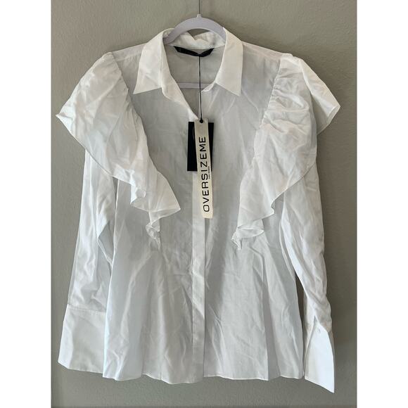 Zara Woman Studio NWT Cotton White Oversized Ruffled Long Sleeve Size XS Blouse - Picture 1 of 6